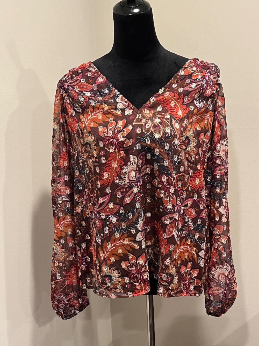 NWT Loft Autumn Floral Metallic V-Neck Semi-Sheer Boho Blouse L